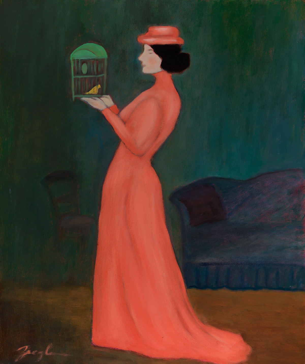 Woman with Birdcage by Nancy Ziegler
